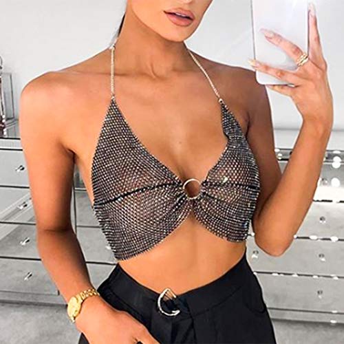 Sethain Moda Cadena corporal Rhinestone Brillante Negro Tejido Malla Arriba Club Nocturno Corto chaleco Cuerpo Accesorios Joyería para Mujeres y Niñas