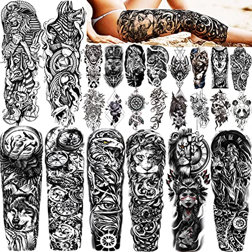 Shegazzi 24 Hojas Brazo Completo Tatuajes Temporales Adultos Mujer Hombre Largo Grande León Águila Brújula Reloj Diosa Griega Tatuajes Falsos Niñas Realista Tatuajes Adhesivos Pierna Muslo Antebrazo