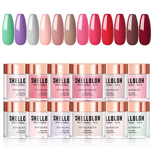 Shelloloh Uñas en Polvo de Inmersión de 12 Colores, Kit de Polvos de Inmersión de Color Verde Violeta Roja, Uñas Francesas para Principiante Bricolaje en Casa o el Salón de Manicura, 10g Cada Pieza