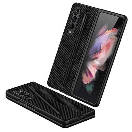 SHIEID Funda para Samsung Galaxy Z Fold 3 5G, Estuche para teléfono con Estuche S para lápices, Pantalla Plegable Carcasa para Samsung Z Fold 3 5G-Fibra de Carbon