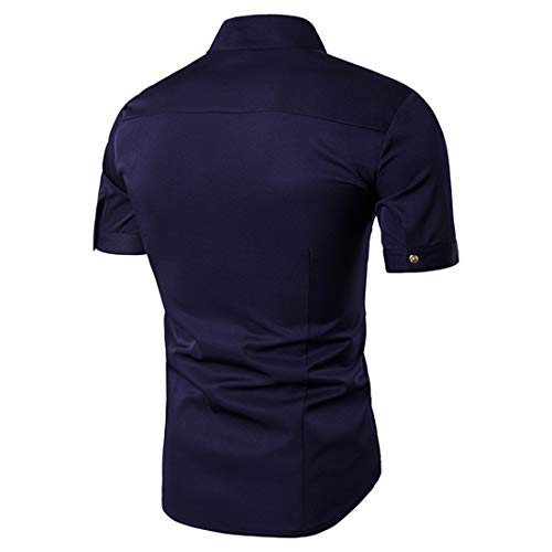 Shirt Hombre Botones Moda Verano Hombre Camisa Estampado Cómodo Shirt Ocio Hombre Manga Corta Irregular Cuello Alto Tendencia Moderna Hombre Hawaiana Shirt E-Blue(A) L