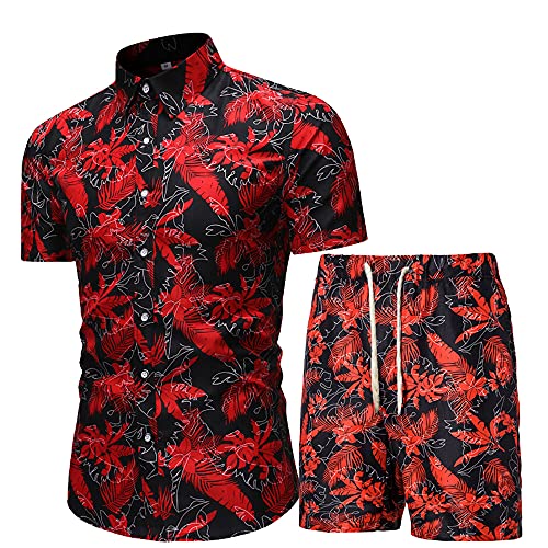 Shirts Shorts Hombres Transpirable Slim Fit Estampado Personalidad Hombres Conjunto Botones Vintage Tapeta con Cordones Hombres Manga Corta Sport Kent Collar Hombres Conjunto Playa B-B014 3XL