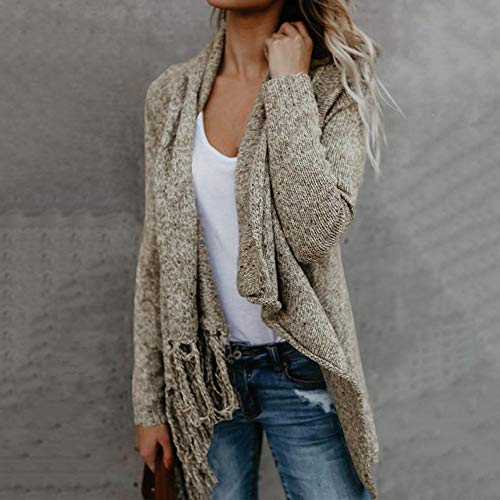 SHOBDW Mujer Moda Sólido Camiseta de Manga Larga Top Cuello Redondo Rayas Poncho Borlas de otoño Slash Gradient Shawl Hem Fringe Suéter Suelto Abrigos cálidos Cardigans de Invierno(Caqui,x-Large)