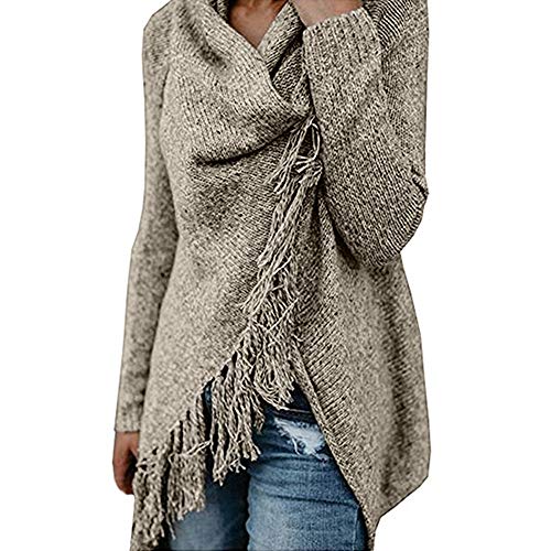 SHOBDW Mujer Moda Sólido Camiseta de Manga Larga Top Cuello Redondo Rayas Poncho Borlas de otoño Slash Gradient Shawl Hem Fringe Suéter Suelto Abrigos cálidos Cardigans de Invierno(Caqui,x-Large)