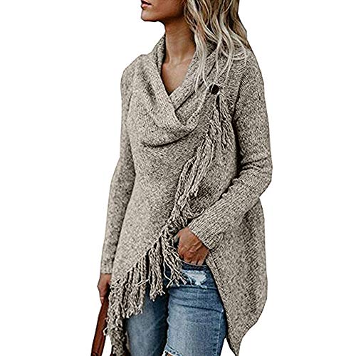 SHOBDW Mujer Moda Sólido Camiseta de Manga Larga Top Cuello Redondo Rayas Poncho Borlas de otoño Slash Gradient Shawl Hem Fringe Suéter Suelto Abrigos cálidos Cardigans de Invierno(Caqui,x-Large)