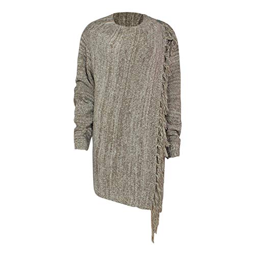SHOBDW Mujer Moda Sólido Camiseta de Manga Larga Top Cuello Redondo Rayas Poncho Borlas de otoño Slash Gradient Shawl Hem Fringe Suéter Suelto Abrigos cálidos Cardigans de Invierno(Caqui,x-Large)
