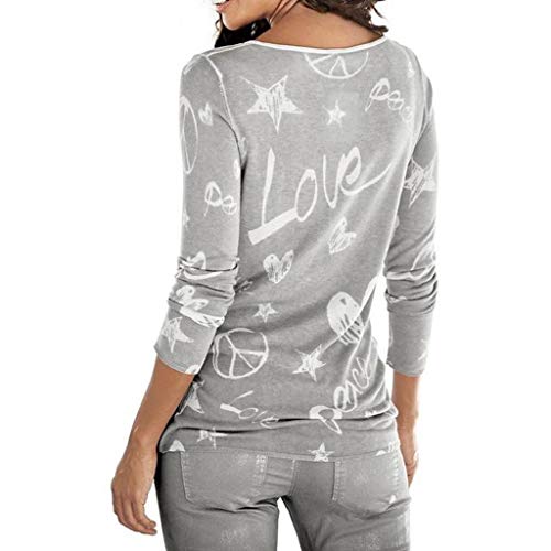 SHOBDW Mujeres Camiseta de Manga Larga con Cuello Redondo y Camisa Impresa Moda Casual Primavera Otoño Blusa Algodón Suelto Tops Sudadera Pullover Camiseta Elegante(Gris,XXL)