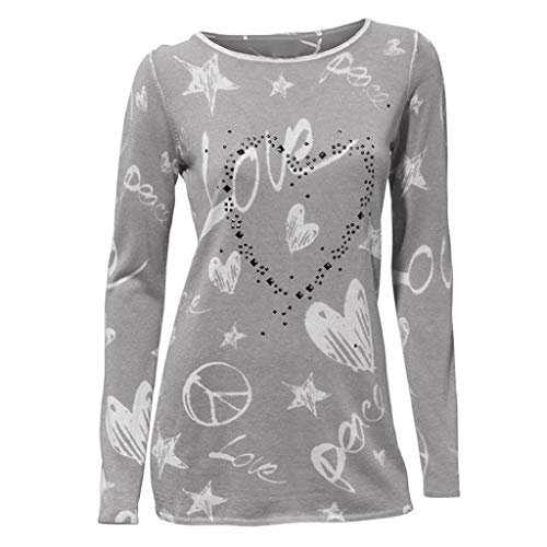SHOBDW Mujeres Camiseta de Manga Larga con Cuello Redondo y Camisa Impresa Moda Casual Primavera Otoño Blusa Algodón Suelto Tops Sudadera Pullover Camiseta Elegante(Gris,XXL)
