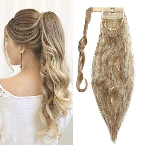Silk-co Ponytail Extension Coleta Postiza con Pinza Pelo Sintético Se Ve Natural Extensiones de Cabello Clip Cola Corn Wave 20"(50cm) (#Miel Marrón & Rubio Pálido,90g)