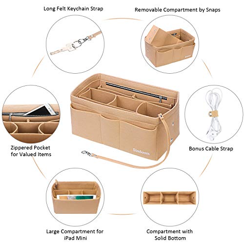 Simboom Organizador de Bolso de Fieltro, Organizador Bolso Insertar para iPad Mini, Cosméticos, Billetera, Perfume, Llave (Beige, M)