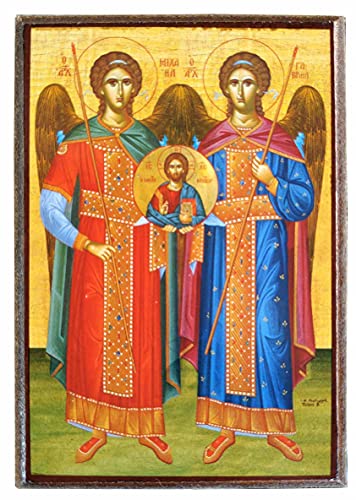 SINAXIS DE LOS SANTOS ARCÁNGELES MIGUEL Y GABRIEL, CUERPO LLENO-Icono ortodoxo bizantino griego