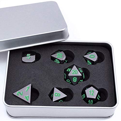 SIQUK Metal Polyhedral 7-Die Dice Set, Negro Brillante Pintado y números Verde Oscuro Zinc aleación Dice con Metal, Juego de rol Juego de Dados fijado para Mazmorras y Dragones RPG Dice Gaming D & D