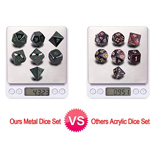 SIQUK Metal Polyhedral 7-Die Dice Set, Negro Brillante Pintado y números Verde Oscuro Zinc aleación Dice con Metal, Juego de rol Juego de Dados fijado para Mazmorras y Dragones RPG Dice Gaming D & D