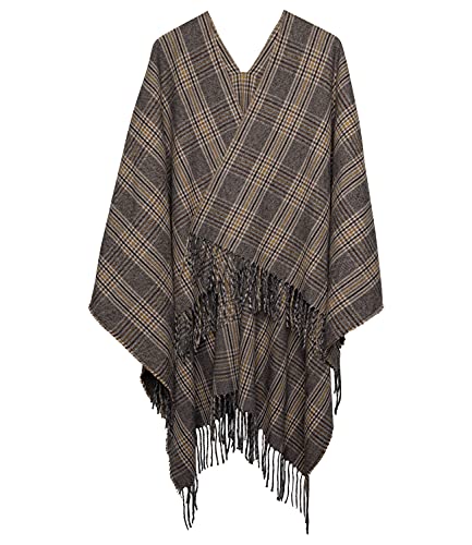 SIX Poncho moderno en diseño de cuadros con flecos (135-476).