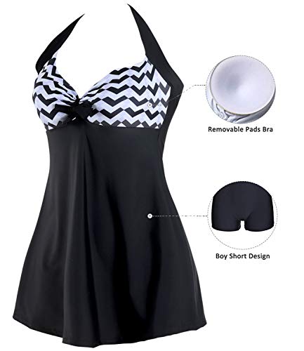 Sixyotie Traje de baño Cuello Una Pieza Monokini con Shorts de Seguridad Mujer Bañador con Falda Tamaño Grande Tankini (Black Wave, EU 42-44(Tag 2XL))