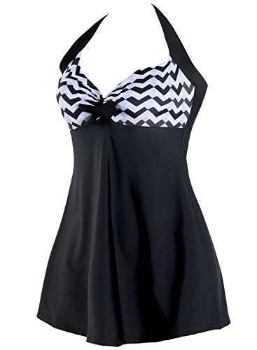 Sixyotie Traje de baño Cuello Una Pieza Monokini con Shorts de Seguridad Mujer Bañador con Falda Tamaño Grande Tankini (Black Wave, EU 42-44(Tag 2XL))