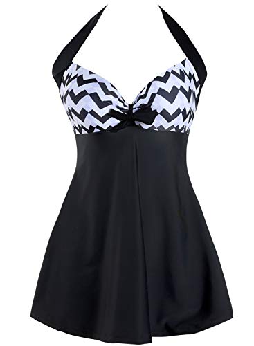 Sixyotie Traje de baño Cuello Una Pieza Monokini con Shorts de Seguridad Mujer Bañador con Falda Tamaño Grande Tankini (Black Wave, EU 42-44(Tag 2XL))