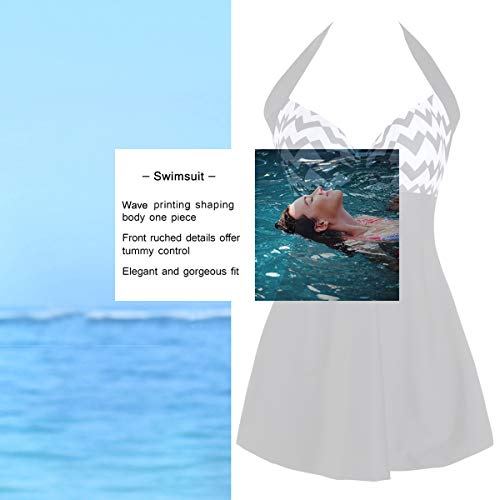 Sixyotie Traje de baño Cuello Una Pieza Monokini con Shorts de Seguridad Mujer Bañador con Falda Tamaño Grande Tankini (Black Wave, EU 42-44(Tag 2XL))