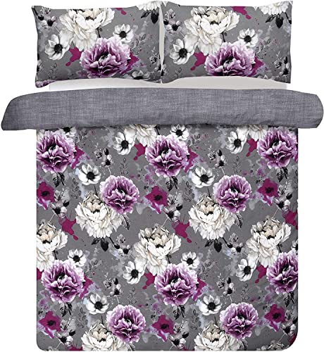 Sleepdown Inky Floral Grey Juego de Funda de edredón tamaño King, algodón, Gris, Matrimonio