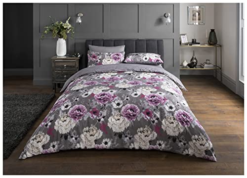 Sleepdown Inky Floral Grey Juego de Funda de edredón tamaño King, algodón, Gris, Matrimonio