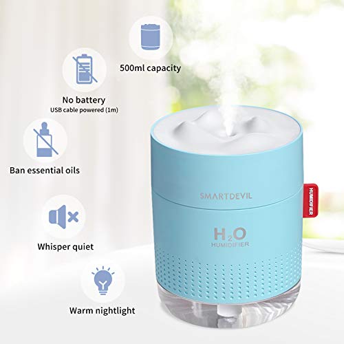 SmartDevil Humidificador 500ml, humidificadores ultrasónicos de aire con alimentación USB, apagado automático para el el hogar, dormitorio, la oficina,Sin batería,Aceite esencial prohibido - 2 Filtros