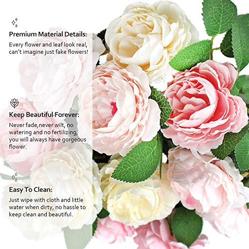 SnailGarden Ramo de Flores Peonía Artificiales Vintage de Seda para Novia, Boda, Fiesta, Festival, Arreglos Florales (Rosa Profundo/Rosa/Blanco, 4 Unidades Cada Uno)