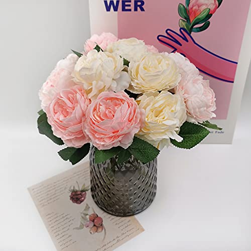 SnailGarden Ramo de Flores Peonía Artificiales Vintage de Seda para Novia, Boda, Fiesta, Festival, Arreglos Florales (Rosa Profundo/Rosa/Blanco, 4 Unidades Cada Uno)