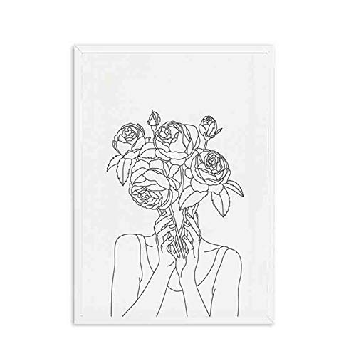 Sobre lienzo Cabeza de planta Mujer Lámina Mujer con flores de flores Imágenes de pared en blanco y negro para la decoración del hogar de la sala de estar 40x50cm (15.7 "x19.7") x3 Sin marco