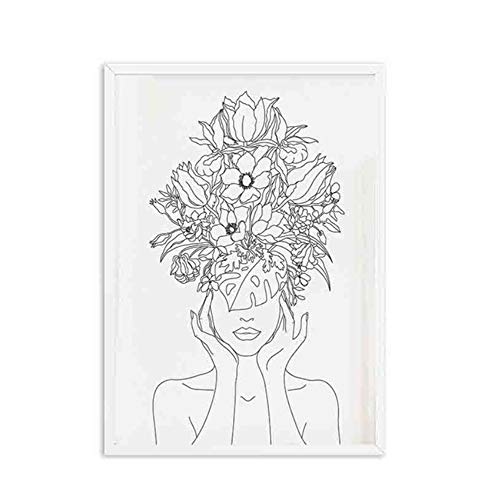 Sobre lienzo Cabeza de planta Mujer Lámina Mujer con flores de flores Imágenes de pared en blanco y negro para la decoración del hogar de la sala de estar 40x50cm (15.7 "x19.7") x3 Sin marco