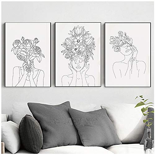 Sobre lienzo Cabeza de planta Mujer Lámina Mujer con flores de flores Imágenes de pared en blanco y negro para la decoración del hogar de la sala de estar 40x50cm (15.7 "x19.7") x3 Sin marco