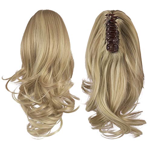 Sofeiyan Extensión de cola de 33cm con pinza de cola de caballo larga y rizada en garra extensión de cabello postizo sintético de aspecto natural para mujeres, Mezcla de rubio claro / rubio platino