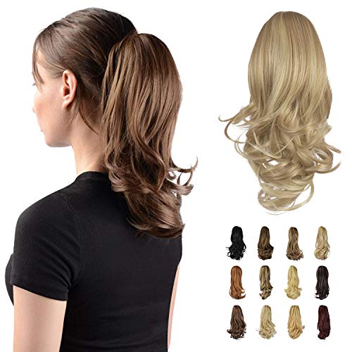 Sofeiyan Extensión de cola de 33cm con pinza de cola de caballo larga y rizada en garra extensión de cabello postizo sintético de aspecto natural para mujeres, Mezcla de rubio claro / rubio platino