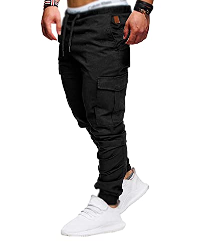 SOMTHRON Hombre Cinturón de Cintura elástico Pantalones de chándal de algodón Largo Jogging Pantalones de Carga Deportiva de Talla Grande Pantalones Cortos con Bolsillos Pantalones (BL-4XL)