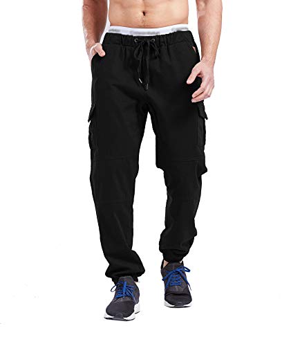 SOMTHRON Hombre Cinturón de Cintura elástico Pantalones de chándal de algodón Largo Jogging Pantalones de Carga Deportiva de Talla Grande Pantalones Cortos con Bolsillos Pantalones (BL-4XL)