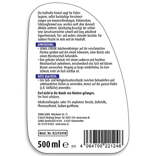 SONAX XTREME Limpiador para el interior del vehículo (500 ml) para la limpieza higiénica en el vehículo y en el hogar | N.° 02212410-544
