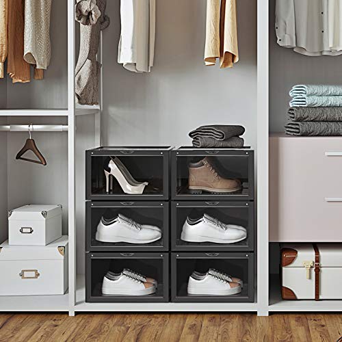 SONGMICS Cajas de Zapatos, Paquete de 6, Organizadores de Zapatos Apilables con Puerta Transparente, Zapatería de Plástico, Talla 46, 36 x 28 x 22 cm, Negro LSP06CB