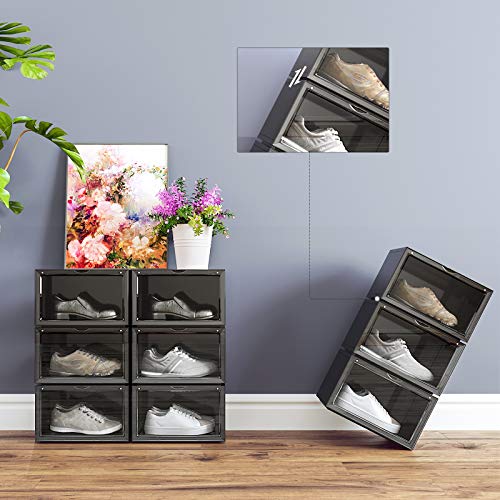 SONGMICS Cajas de Zapatos, Paquete de 6, Organizadores de Zapatos Apilables con Puerta Transparente, Zapatería de Plástico, Talla 46, 36 x 28 x 22 cm, Negro LSP06CB