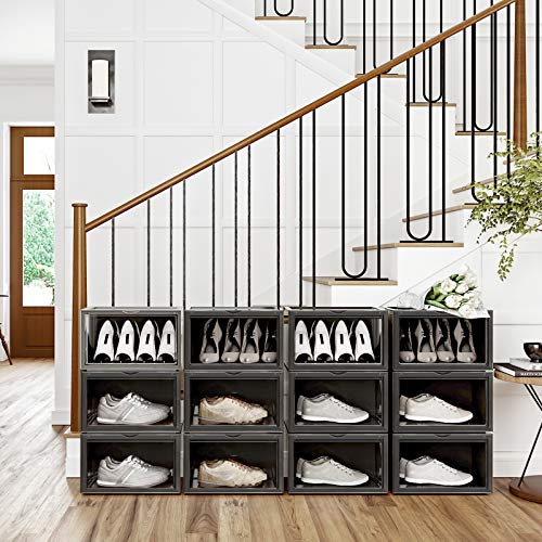 SONGMICS Cajas de Zapatos, Paquete de 6, Organizadores de Zapatos Apilables con Puerta Transparente, Zapatería de Plástico, Talla 46, 36 x 28 x 22 cm, Negro LSP06CB