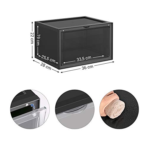 SONGMICS Cajas de Zapatos, Paquete de 6, Organizadores de Zapatos Apilables con Puerta Transparente, Zapatería de Plástico, Talla 46, 36 x 28 x 22 cm, Negro LSP06CB
