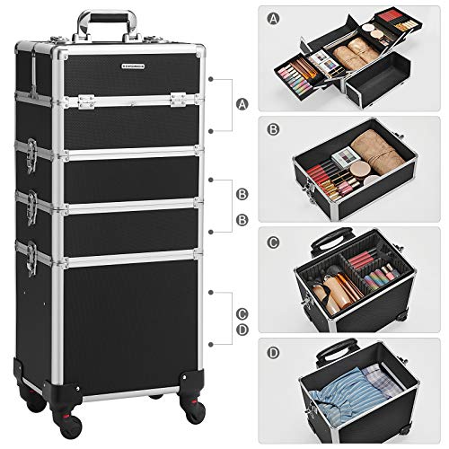 SONGMICS Estuche de Maquillaje Profesional, Carrito de Belleza para Viajes 4 en 1, Carrito de Cosméticos Grande para Peluqueros, Enrollable con Llave y Ruedas Universales de 360 Grados, Negro JHZ11BK