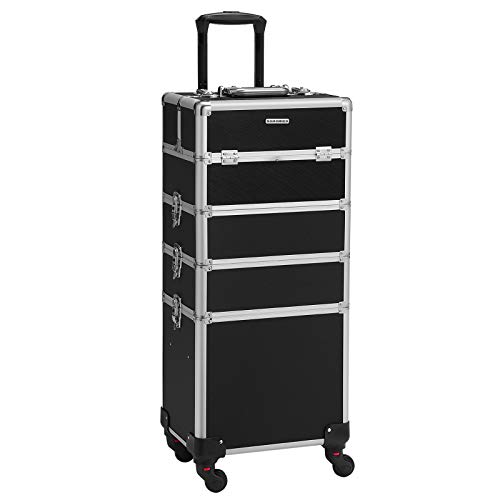 SONGMICS Estuche de Maquillaje Profesional, Carrito de Belleza para Viajes 4 en 1, Carrito de Cosméticos Grande para Peluqueros, Enrollable con Llave y Ruedas Universales de 360 Grados, Negro JHZ11BK