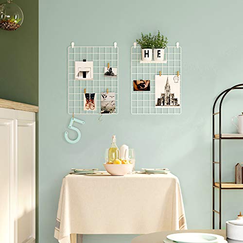 SONGMICS Paneles de Rejilla, Pared de Muestra de Fotos, Decoración Mural de Malla Metálica, Bricolaje, Colgante de Pared, Gancho en S, Clip, Cordón de Cáñamo, Juego de 2, Blanco LPP01W