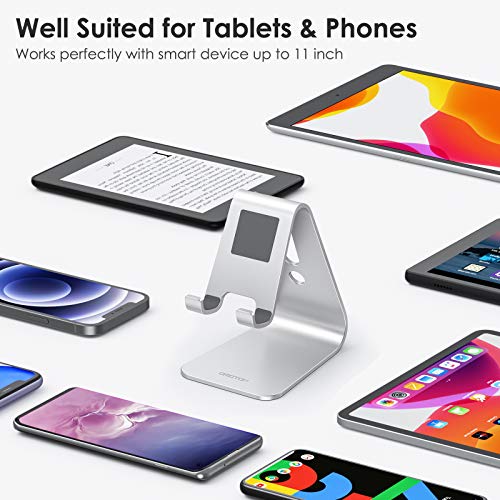 Soporte Móvil Mesa, OMOTON Soporte Teléfono de Escritorio, Base Móvil de Aluminio para iPhone 13 13 Pro 12 Pro Max 12 Mini Xiaomi Redmi 9 9S , Samsung, Huawei, iPad Mini y Otras Smartphones, Plata