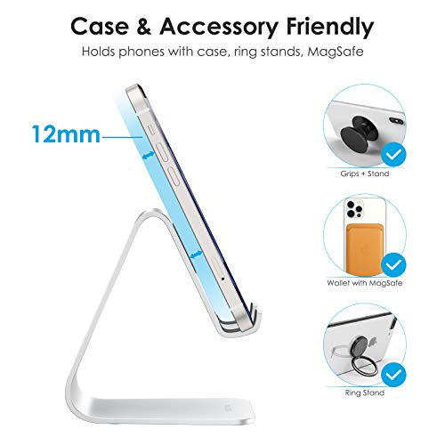 Soporte Móvil Mesa, OMOTON Soporte Teléfono de Escritorio, Base Móvil de Aluminio para iPhone 13 13 Pro 12 Pro Max 12 Mini Xiaomi Redmi 9 9S , Samsung, Huawei, iPad Mini y Otras Smartphones, Plata