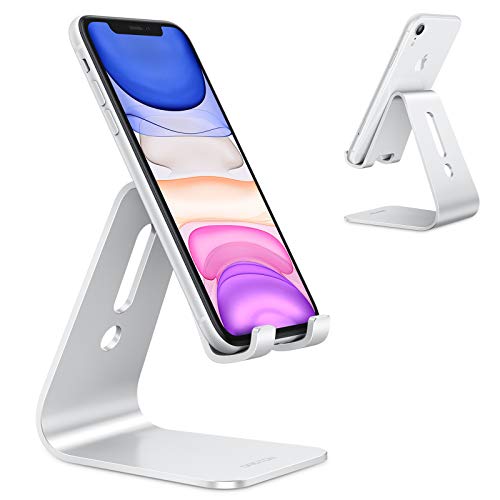 Soporte Móvil Mesa, OMOTON Soporte Teléfono de Escritorio, Base Móvil de Aluminio para iPhone 13 13 Pro 12 Pro Max 12 Mini Xiaomi Redmi 9 9S , Samsung, Huawei, iPad Mini y Otras Smartphones, Plata