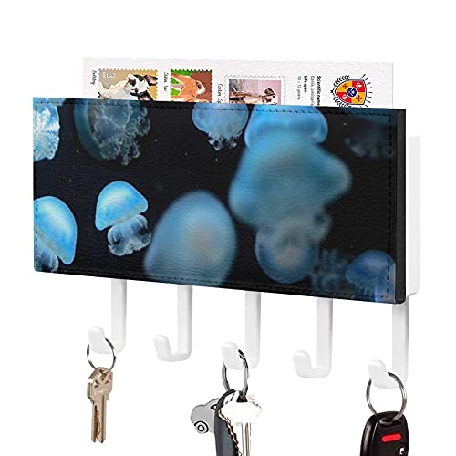 Soporte para correo y llaves para decoración de pared, organizador de correo con 5 ganchos dobles y 1 clasificador de correo, perfecto para decoración del hogar para la entrada de medusas azules