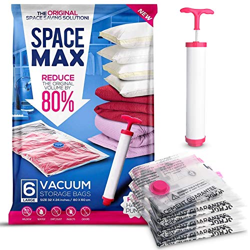 SPACE MAX - Bolsas de almacenaje en vacío Premium - 80 % más de compresión Que Otras - Bomba Manual para Viajes incluida - Grande - Pack de 6