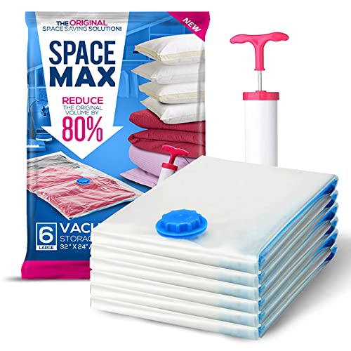 SPACE MAX - Bolsas de almacenaje en vacío Premium - 80 % más de compresión Que Otras - Bomba Manual para Viajes incluida - Grande - Pack de 6