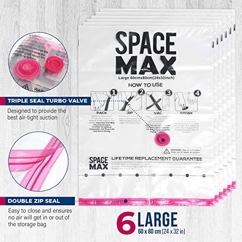 SPACE MAX - Bolsas de almacenaje en vacío Premium - 80 % más de compresión Que Otras - Bomba Manual para Viajes incluida - Grande - Pack de 6