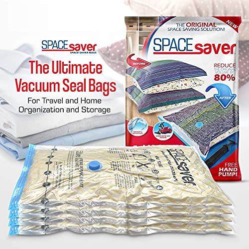 SPACESAVER Bolsas de Almacenamiento al vacío Reutilizables Premium. Válvula de Doble Cierre y Cierre de Cremallera, Bomba de Mano de Viaje incluida (Small 6 Pack)